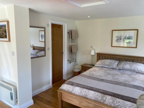 a bedroom with a bed and a tv at Orchard House Garden Studio - Relax Refresh Return in Wiveliscombe