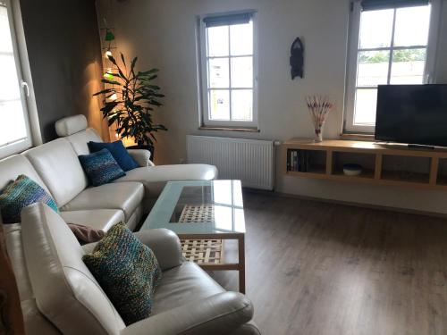 a living room with two couches and a tv at Haus 1813 in Erfurt