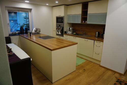 a kitchen with a counter top in a room at Jagd trifft Moderne & Boutique Jardin Ferienhaus in Annaberg im Lammertal