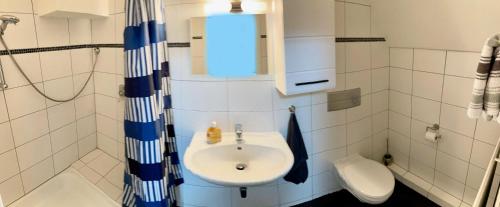 a bathroom with a sink and a shower and a toilet at Ferienwohnung Khorsandi Eins in Coburg