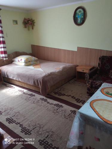 1 dormitorio con 1 cama, 1 mesa y 1 silla en Гірський краєвид en Slavske