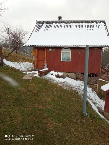 斯拉夫西克的住宿－Гірський краєвид，一座红色的房子,有雪盖的屋顶,有院子