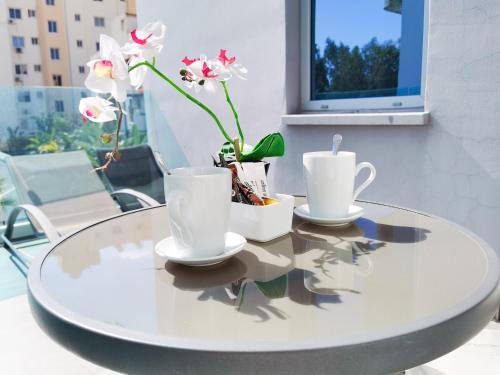 a glass table with two cups and a plant on it at Mariandry Apartments in Larnaka