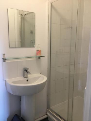 y baño con lavabo y ducha. en Self-contained Apartment en Corsham