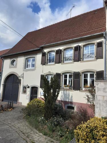a white house with brown shuttered windows and a driveway at Bim Cathele in Burbach