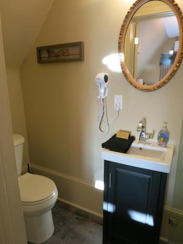 a bathroom with a toilet and a sink and a mirror at The Woodview Inn in Gananoque