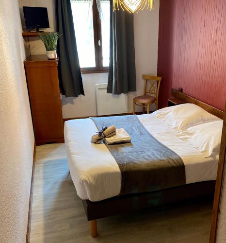 een slaapkamer met een bed met een paar schoenen erop bij Hôtel des Alpes in Aix-les-Bains