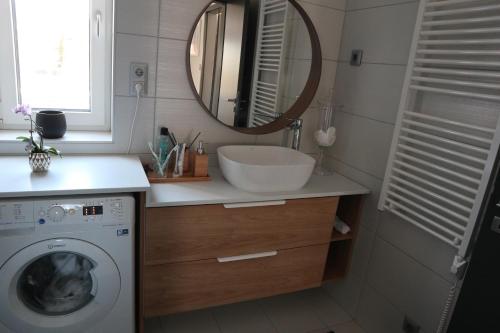 ein Badezimmer mit einem Waschbecken und einer Waschmaschine in der Unterkunft Fűzi-Lizi Apartman in Balatonfůzfő