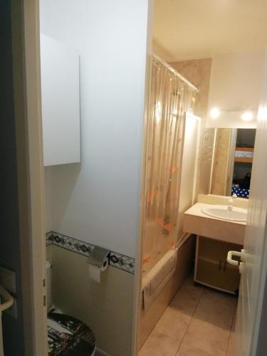 une salle de bain avec une douche, des toilettes et un lavabo dans l'établissement Appartement T2 cabine, capacité 4 personnes, à 600 m de la plage et à 300 m du Golf, à Moliets-et-Maa