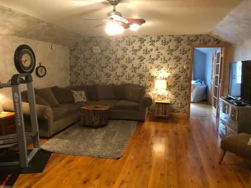 - un salon avec un canapé et une télévision dans l'établissement Bed and breakfast suite at the Wooded Retreat, à Pine City