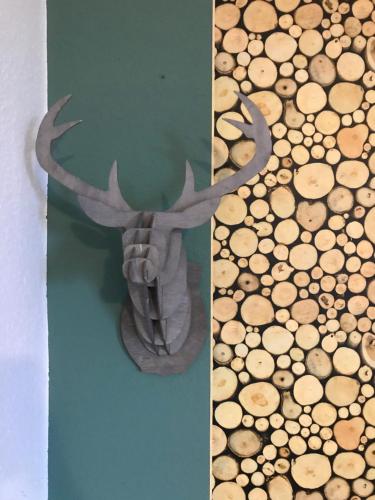 a reindeer head with antlers on a wall at FeWo Marielle in Seeboden