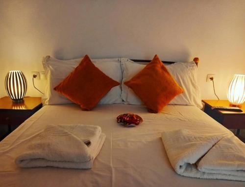 1 cama con almohadas de color naranja y blanco y 2 lámparas en ενοικιαζομενα δωματια πηλιο διονυσια en Sikí