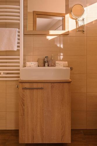 a bathroom with a sink and a mirror at Rácz Vendégház in Sopron