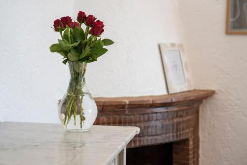 a vase filled with red roses sitting on a table at Fattoria Pian Di Rocca in Castiglione della Pescaia