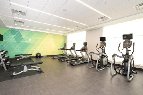 a gym with a row of exercise bikes and treadmills at Holiday Inn Hotel & Suites - Mount Pleasant by IHG in Mount Pleasant