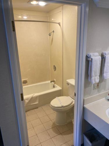 a bathroom with a toilet and a shower and a sink at Atascadero Inn in Atascadero