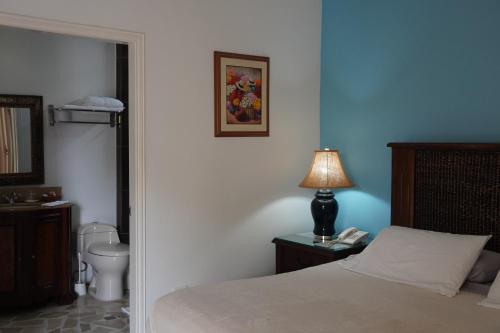 a bedroom with a bed and a lamp and a toilet at Hotel Boutique Villa Casuarinas in Cali