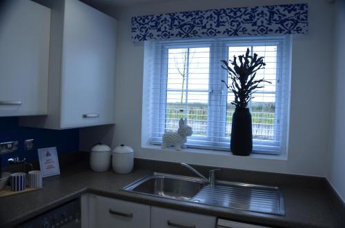 a kitchen with a sink and a window with a vase at Hollygate Cottage in Cotgrave