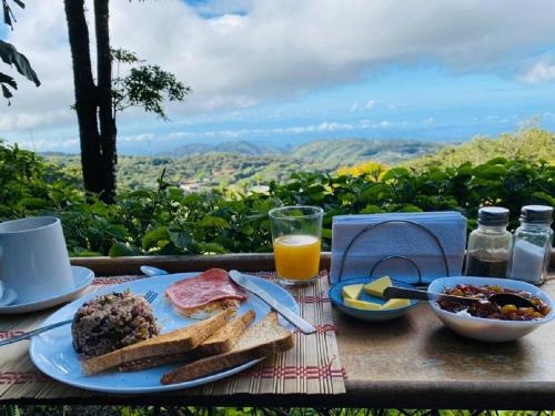 a table with a plate of food and a glass of orange juice at Hotel Flor de Bromelia in Monteverde Costa Rica