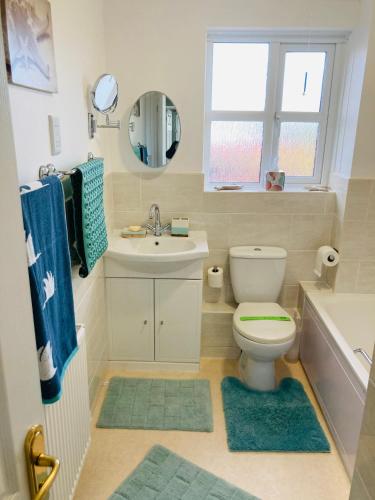 a bathroom with a toilet and a sink and a mirror at Stunning Seafront House with garden and private parking in Eastbourne