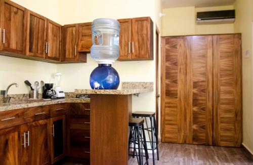 a blue vase sitting on top of a counter in a kitchen at Verde Luna in San Francisco