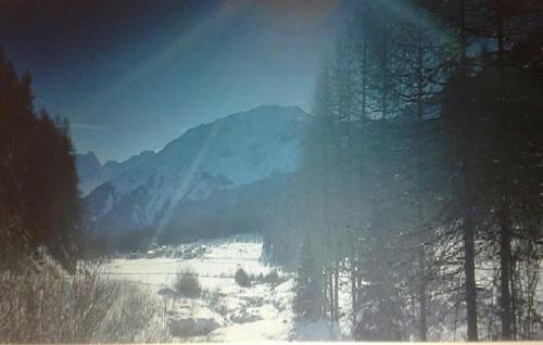 a snow covered valley with a mountain in the background at Fuldera Daint chasa Zanoli Wohnung Parterre in Fuldera