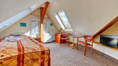 a attic room with a bed and a television at Kaja Medical & Spa in Świeradów-Zdrój