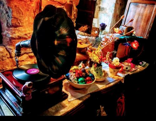 Room in Lodge - Romantic getaway to Cuenca at La Quinta de Malu في Valeria: طاولة مطبخ مع موقد مع أواني طعام