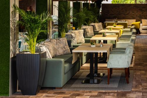 a restaurant with couches and tables and plants at Hotel Brilliant Meseș in Zalău