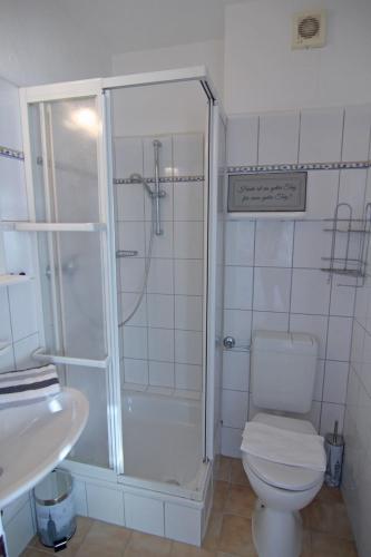 a bathroom with a shower and a toilet and a sink at Kiekerwai in Westerland