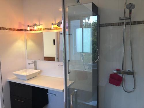 une salle de bain avec un lavabo et une douche dans l'établissement Villa Marie, à Lacanau