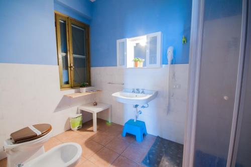 uma casa de banho azul com um lavatório e um WC em Masseria Sant'Agapito em Lucera
