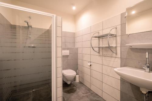 a bathroom with a toilet and a sink and a shower at Nieuwlanderweg 65 in De Waal