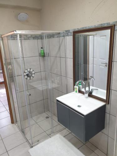 a bathroom with a shower with a sink and a mirror at Vaal de Grace River Village in Parys