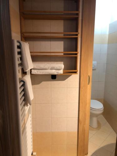 un piccolo bagno con servizi igienici e asciugamani di Appartamenti Sorapiss a Misurina