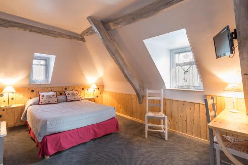 - une chambre avec un lit et une télévision dans l'établissement Auberge Le Cabaliros, à Argelès-Gazost