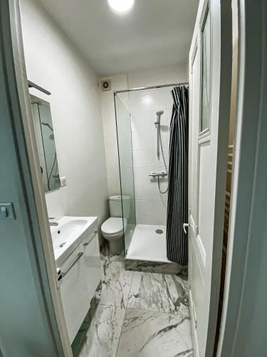 une salle de bain avec un lavabo, des toilettes et une douche dans l'établissement Plein cœur de Wimereux, plage à 200m !, à Wimereux