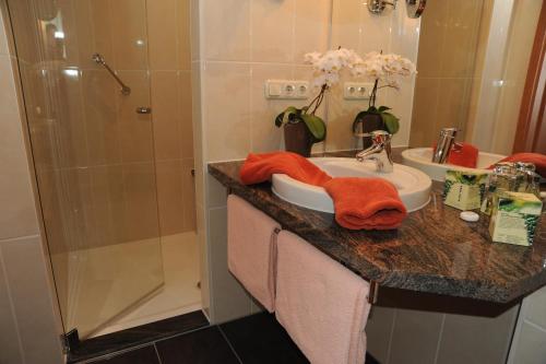 a bathroom with a sink and a shower at Hotel Goldner Anker in Bad Elster