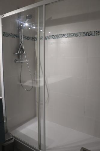 La salle de bains est pourvue d'une douche avec une porte en verre. dans l'établissement RESIDENCE LES BAINS HOULGATE, à Houlgate