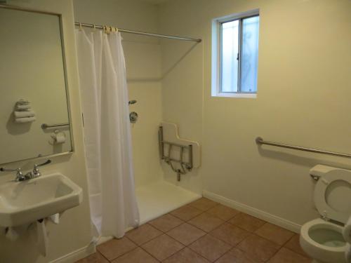 a bathroom with a shower and a toilet and a sink at Jet Inn in Los Angeles