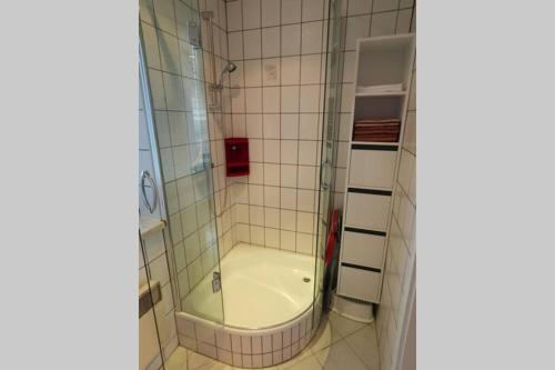una doccia con una porta in vetro in un bagno di Ferienhaus Diana im Harz a Mansfeld