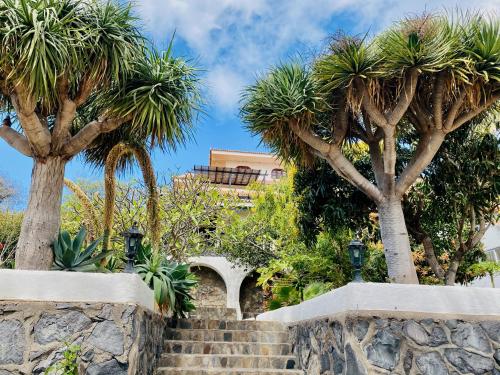 un conjunto de escaleras con palmeras y un edificio en Finca Gerardo Miramar, en Playa Calera