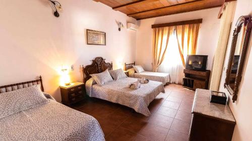 een woonkamer met 2 bedden en een televisie bij Casa Rural Villa Paquita in La Lantejuela