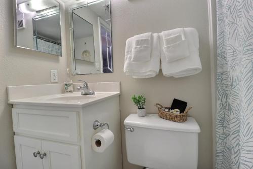 La salle de bains est pourvue d'un lavabo et de toilettes avec un miroir. dans l'établissement Island Winds East, à Gulf Shores
