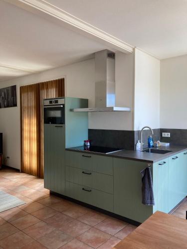 a kitchen with a sink and a stove top oven at het zwaluwnest in Koudekerke