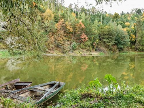 a boat sitting on the shore of a lake at Holiday Home Parkany 2 by Interhome in Bechyně