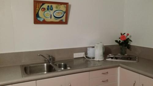 a kitchen counter top with a sink and a counter top at The Whare Rural Retreat in Hastings