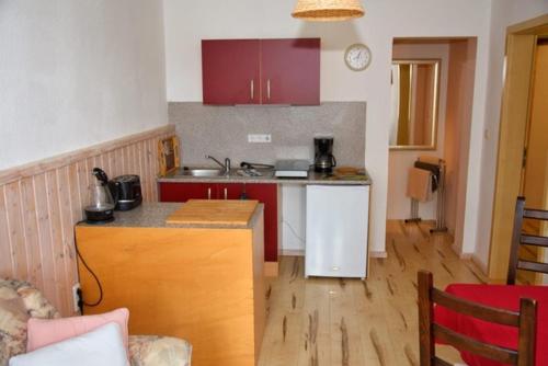 a kitchen with red cabinets and a counter top at Ferienwohnung Wolf in Gräfenroda