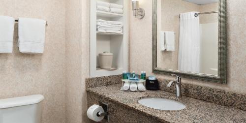 La salle de bains est pourvue d'un lavabo, de toilettes et d'un miroir. dans l'établissement Holiday Inn Express Grove City - Premium Outlet Mall, an IHG Hotel, à Grove City