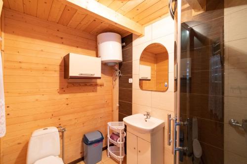 a small bathroom with a toilet and a sink at Marina in Jarosławiec